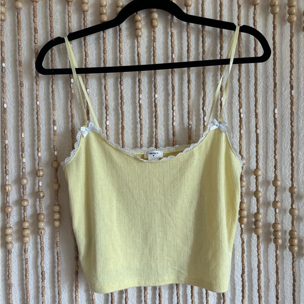 F21 Yellow Y2K Coquette Cottage Core Y2K Floral Bow Lace Dainty Crop Cami L